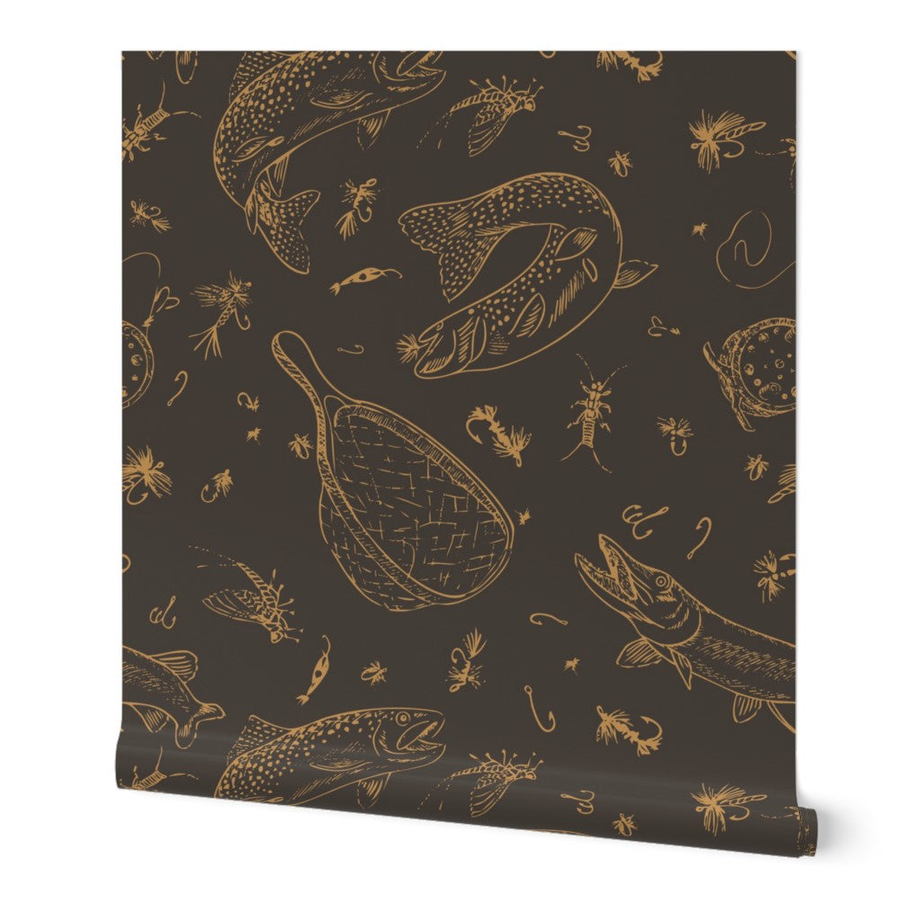 Headwaters Fly Fishing Toile wallpaper roll in Tobacco Run — fly fishing wallpaper by Pine + Feather Studio
