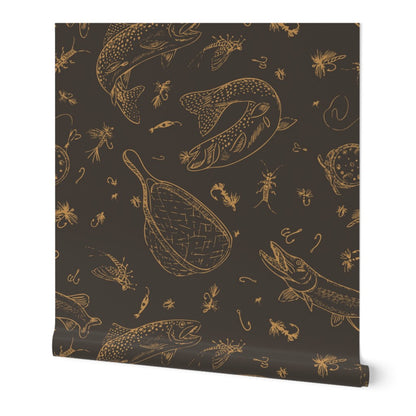 Headwaters Fly Fishing Toile wallpaper roll in Tobacco Run — fly fishing wallpaper by Pine + Feather Studio