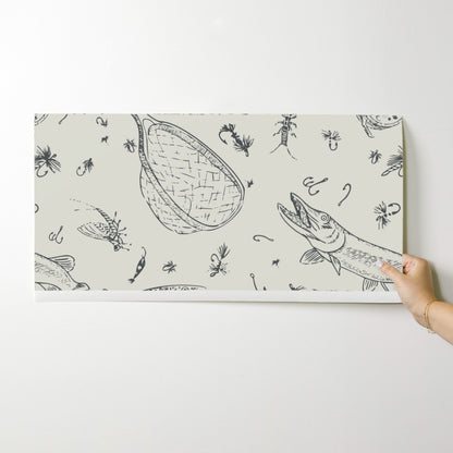 Headwaters Fly Fishing Toile wallpaper swatch in Chalk Creek — fly fishing wallpaper by Pine + Feather Studio