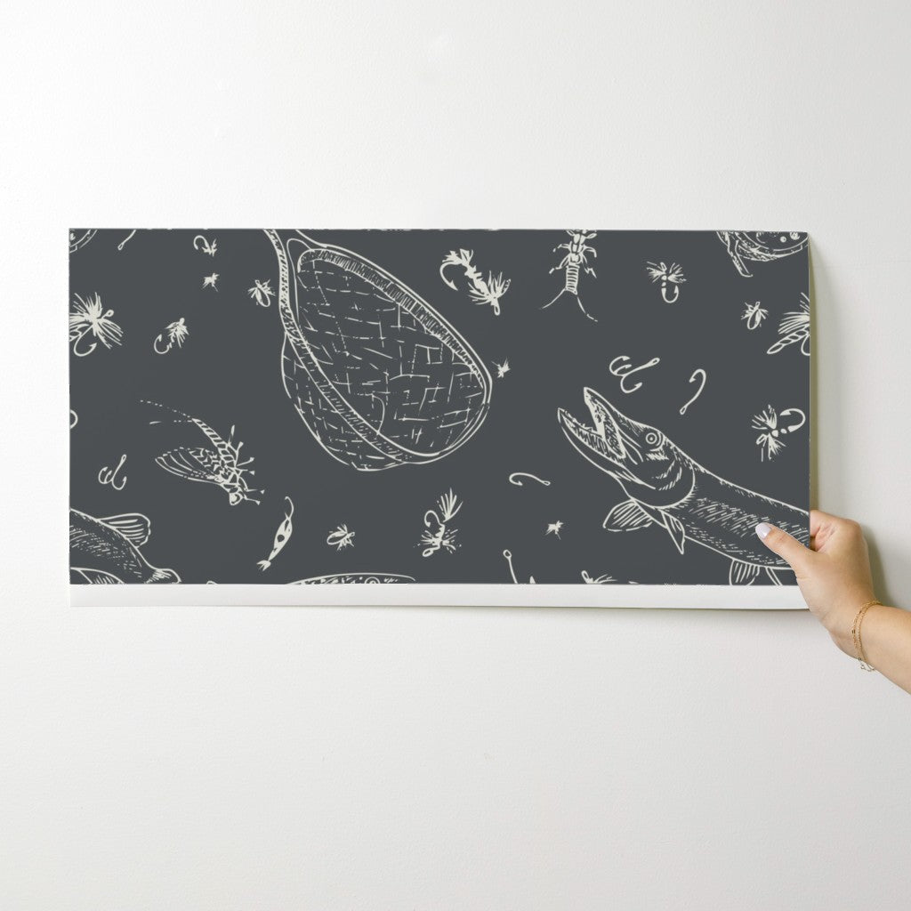 Headwaters Fly Fishing Toile wallpaper swatch in Dark Water — fly fishing wallpaper by Pine + Feather Studio