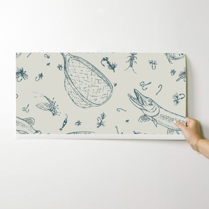 Headwaters Fly Fishing Toile wallpaper swatch in Teal River — fly fishing wallpaper by Pine + Feather Studio