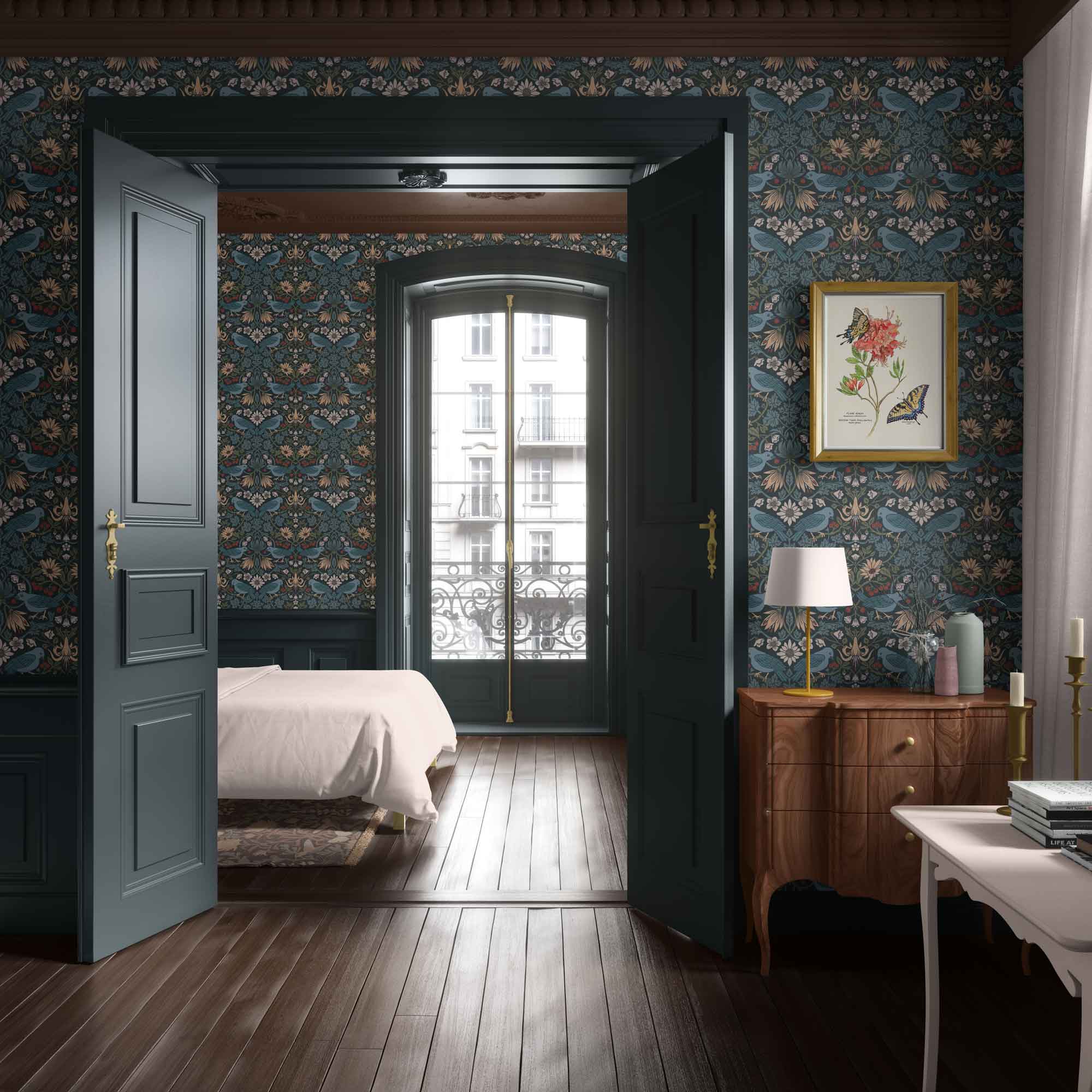 Huckleberry Thief dark botanical wallpaper styled in a classical apartment bedroom by Pine + Feather Studio