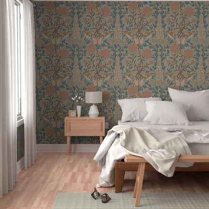 Hummingbirds and Sage wallpaper in Camas Prairie styled in a bedroom interior — arts and crafts wallpaper by Pine + Feather Studio