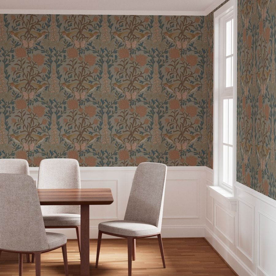 Hummingbirds and Sage wallpaper in Camas Prairie styled in a dining room interior — arts and crafts damask wallpaper by Pine + Feather Studio