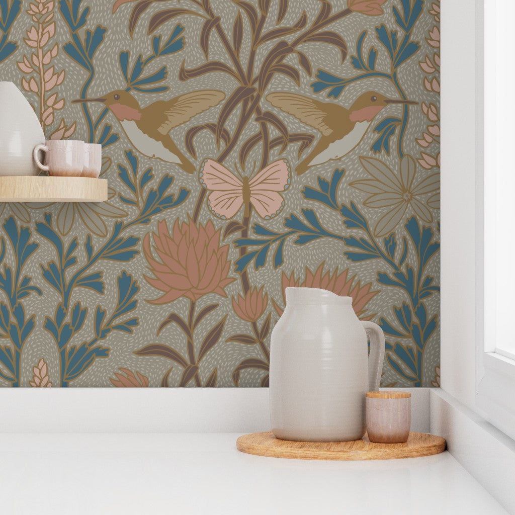 Hummingbirds and Sage wallpaper in Camas Prairie styled in a kitchen interior — hummingbird damask wallpaper by Pine + Feather Studio