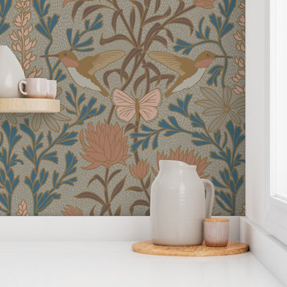 Hummingbirds and Sage wallpaper in Camas Prairie styled in a kitchen interior — hummingbird damask wallpaper by Pine + Feather Studio