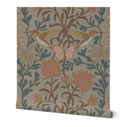Hummingbirds and Sage wallpaper roll in Camas Prairie — arts and crafts damask wallpaper by Pine + Feather Studio