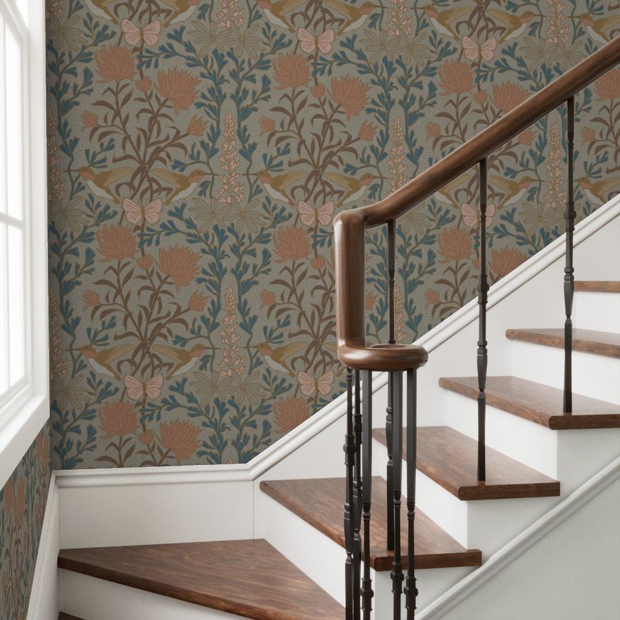 Hummingbirds and Sage wallpaper in Camas Prairie styled in a stairway interior — damask wallpaper by Pine + Feather Studio