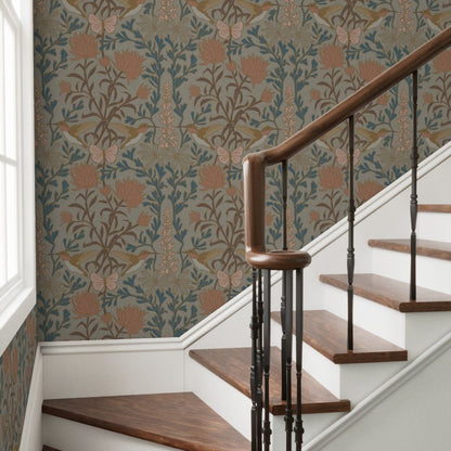 Hummingbirds and Sage wallpaper in Camas Prairie styled in a stairway interior — damask wallpaper by Pine + Feather Studio
