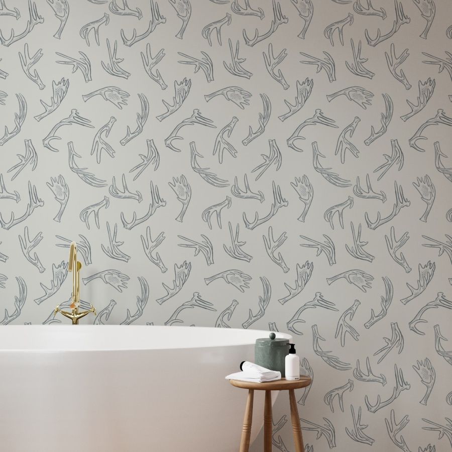 Morning Frost antler wallpaper styled in a bathroom interior — Pine + Feather Studio