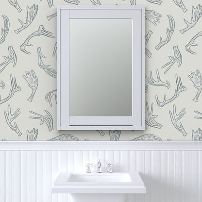 Morning Frost antler wallpaper styled in a powder room interior — Pine + Feather Studio