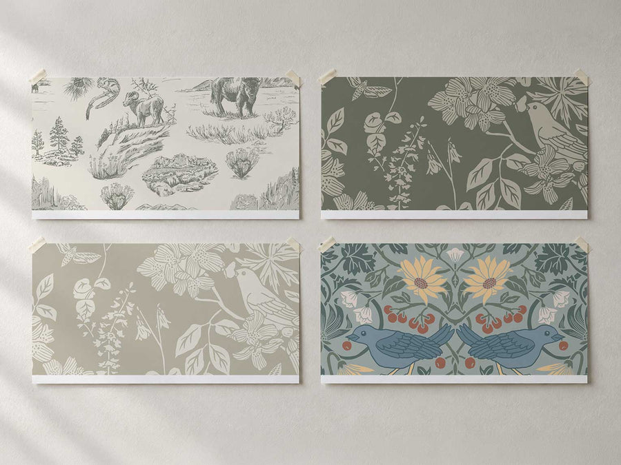 Four sage green wallpaper swatches from Huckleberry Thief, Western Birds and Flowers and Wild Yellowstone