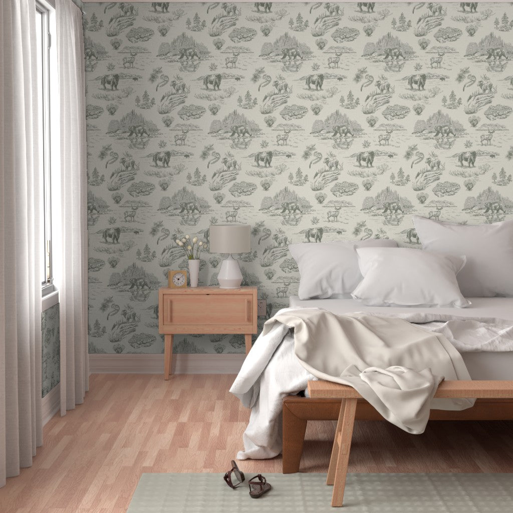 Sage Flats Yellowstone wallpaper styled in a bedroom interior — Pine + Feather Studio
