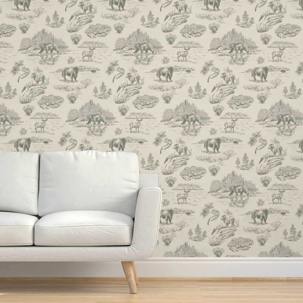 Sage Flats Yellowstone wallpaper styled in a living room interior — Pine + Feather Studio