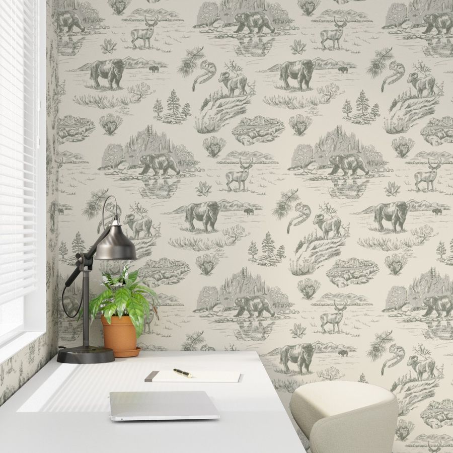 Sage Flats Yellowstone wallpaper styled in a study office interior — Pine + Feather Studio