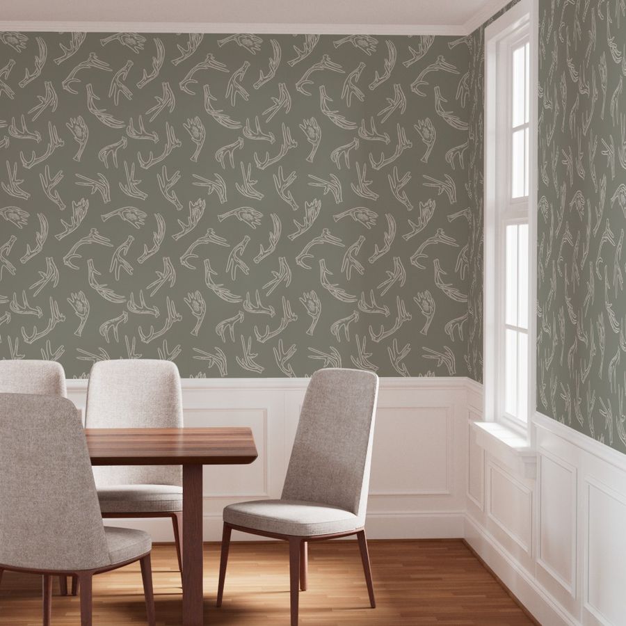 Sage Ridge sage green antler wallpaper styled in a dining room interior — Pine + Feather Studio