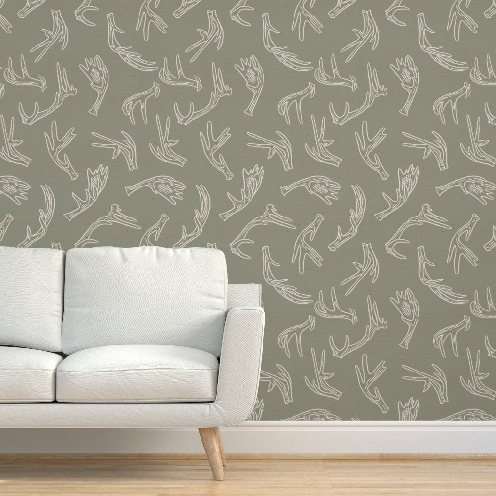 Sage Ridge sage green antler wallpaper styled in a living room interior — Pine + Feather Studio