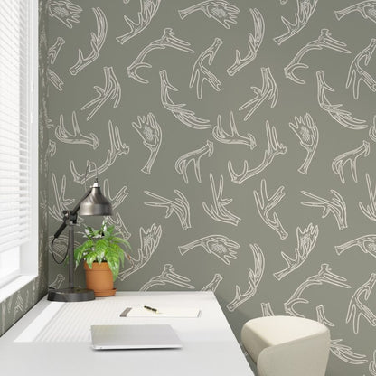 Sage Ridge sage green antler wallpaper styled in an office study interior — Pine + Feather Studio