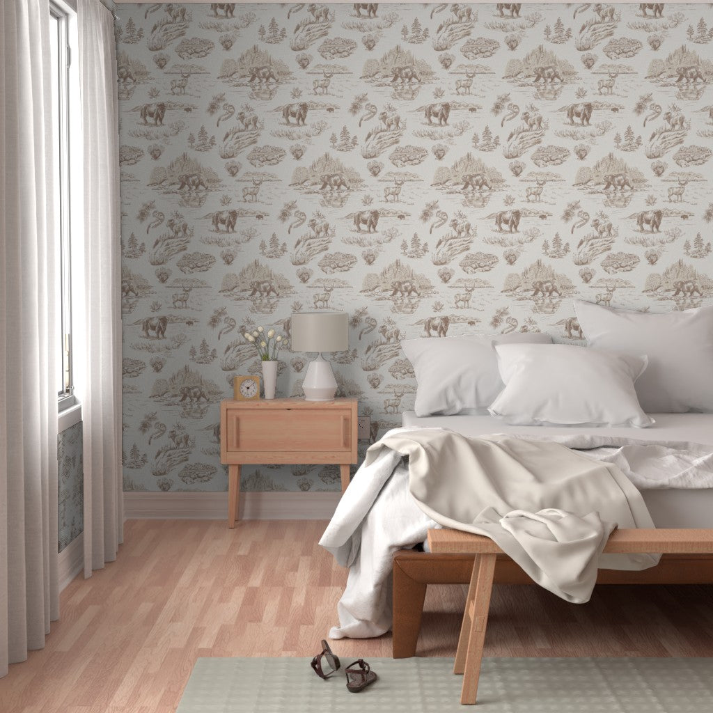 Wild Yellowstone Toile Wallpaper in Sandstone Bluff