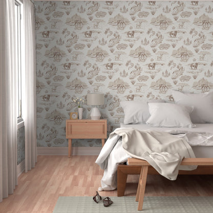 Wild Yellowstone Toile Wallpaper in Sandstone Bluff