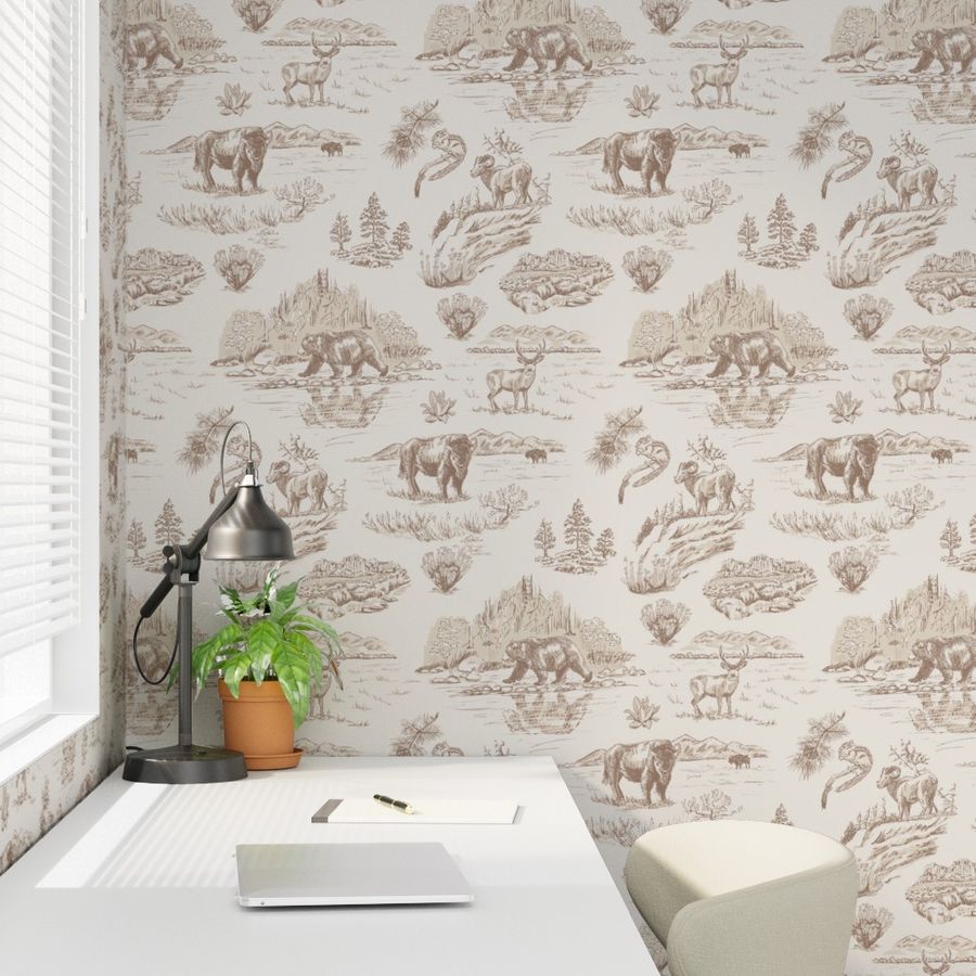 Wild Yellowstone Toile Wallpaper in Sandstone Bluff