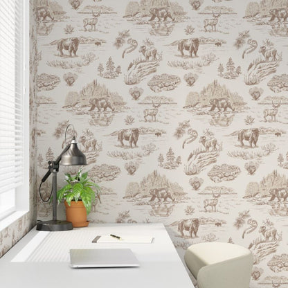 Wild Yellowstone Toile Wallpaper in Sandstone Bluff