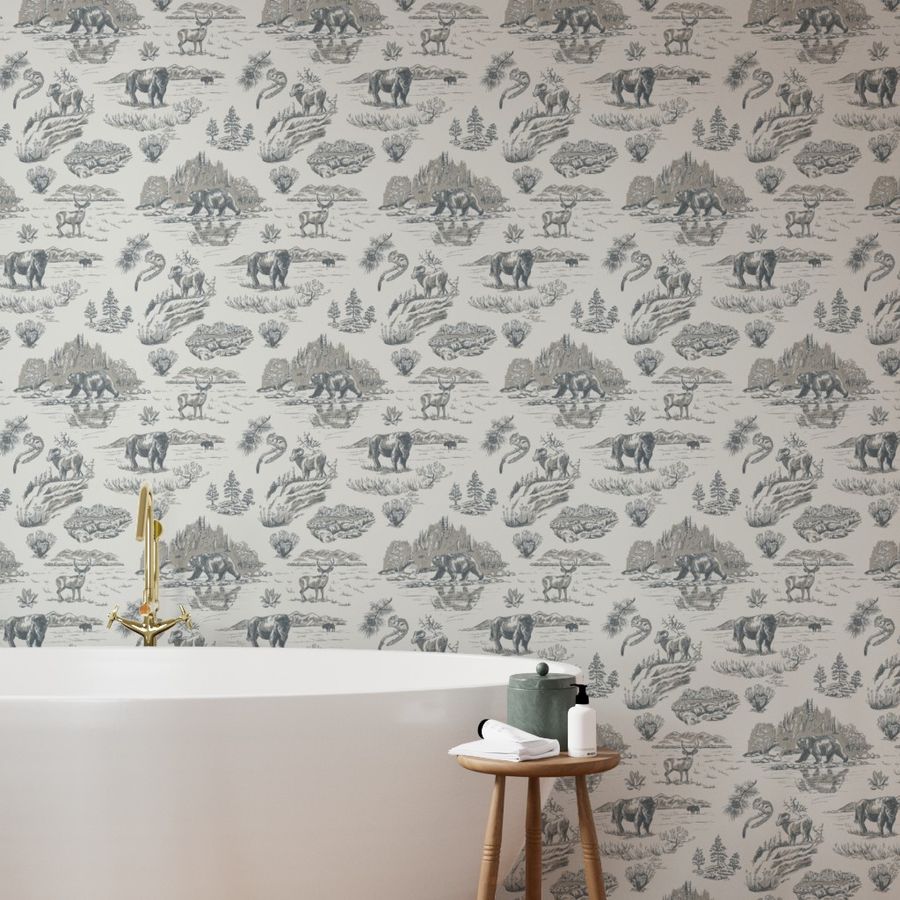 Silver Creek Yellowstone wallpaper styled in a bathroom interior — Pine + Feather Studio