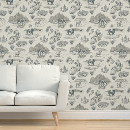 Silver Creek Yellowstone wallpaper styled in a living room interior — Pine + Feather Studio
