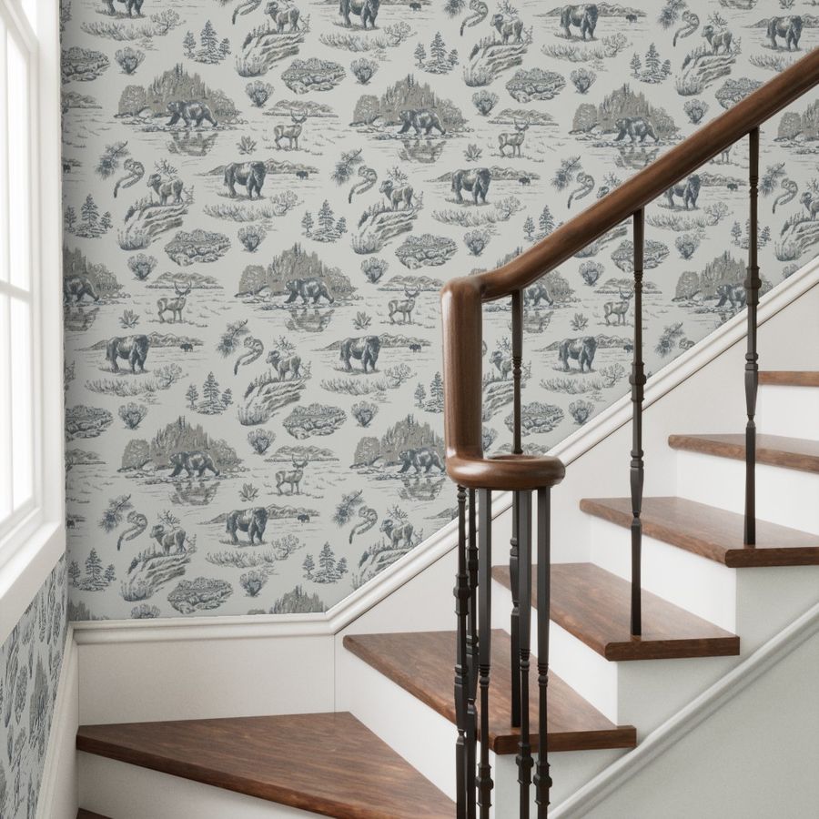 Silver Creek Yellowstone wallpaper styled in an entryway stairway transitional interior — Pine + Feather Studio