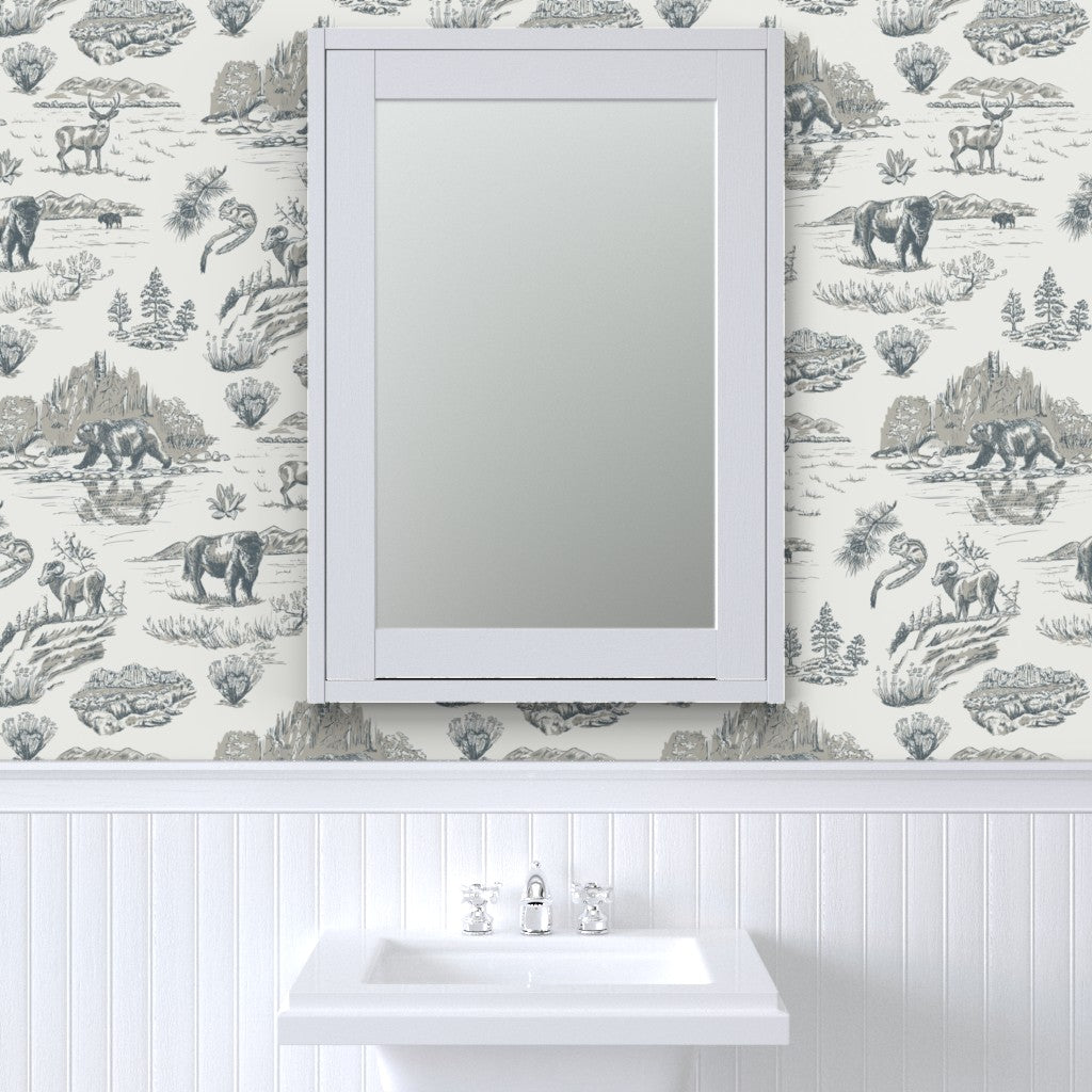 Silver Creek Yellowstone wallpaper styled in a powder room interior — Pine + Feather Studio