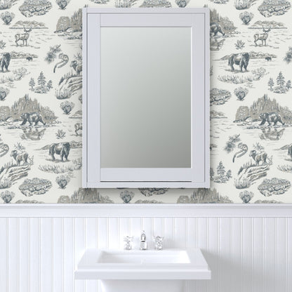 Silver Creek Yellowstone wallpaper styled in a powder room interior — Pine + Feather Studio