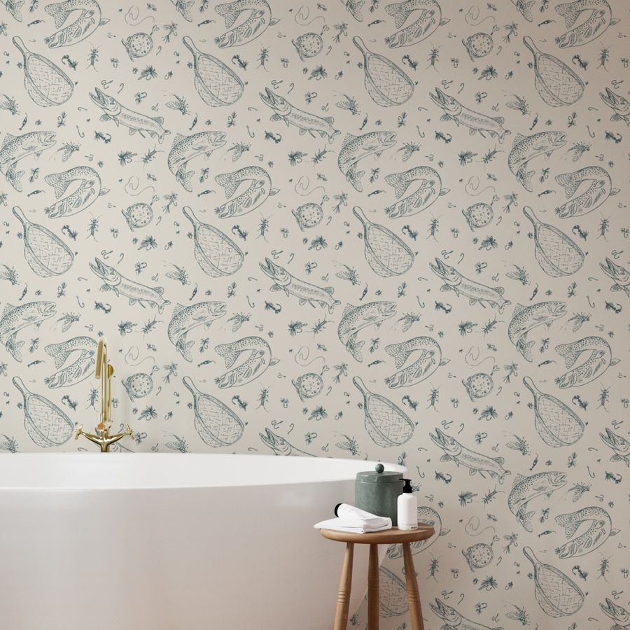 Teal River fly fishing wallpaper styled in a bathroom interior — Pine + Feather Studio