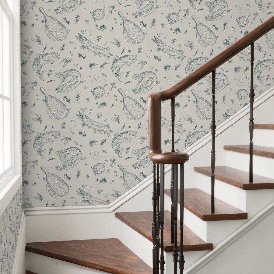 Teal River fly fishing wallpaper styled in an entryway stairwell room interior — Pine + Feather Studio