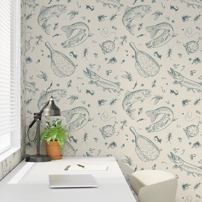 Teal River fly fishing wallpaper styled in a office study library room interior — Pine + Feather Studio