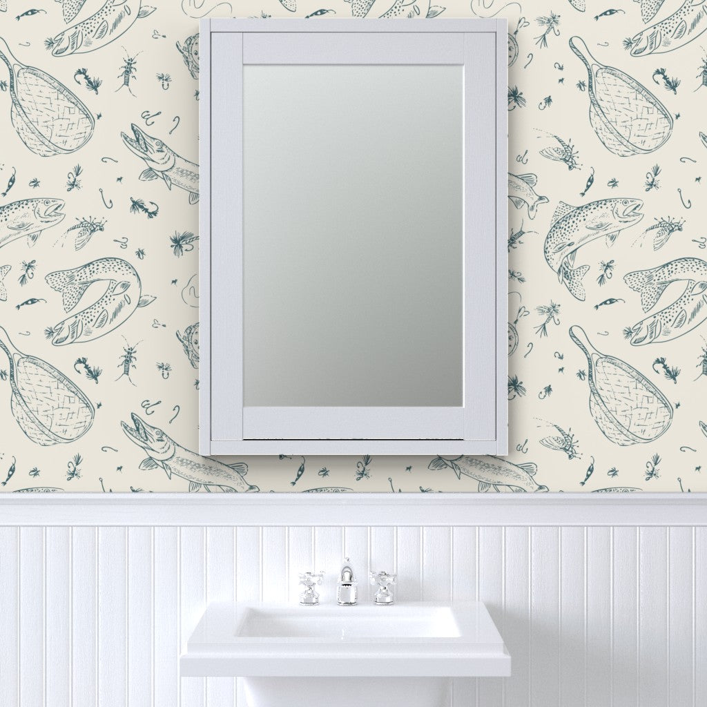 Teal River fly fishing wallpaper styled in a powder room interior — Pine + Feather Studio