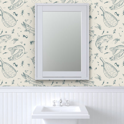 Teal River fly fishing wallpaper styled in a powder room interior — Pine + Feather Studio
