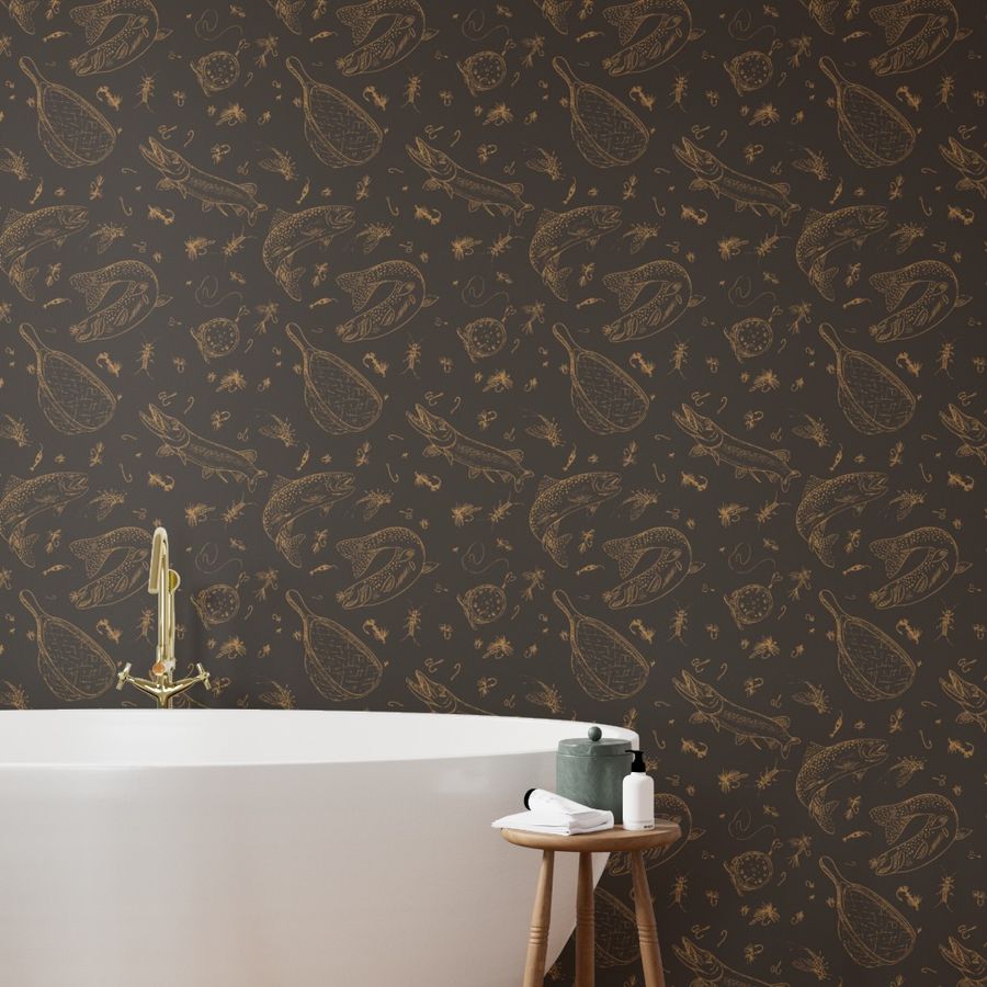 Tobacco Run fly fishing wallpaper styled in a bathroom interior — Pine + Feather Studio