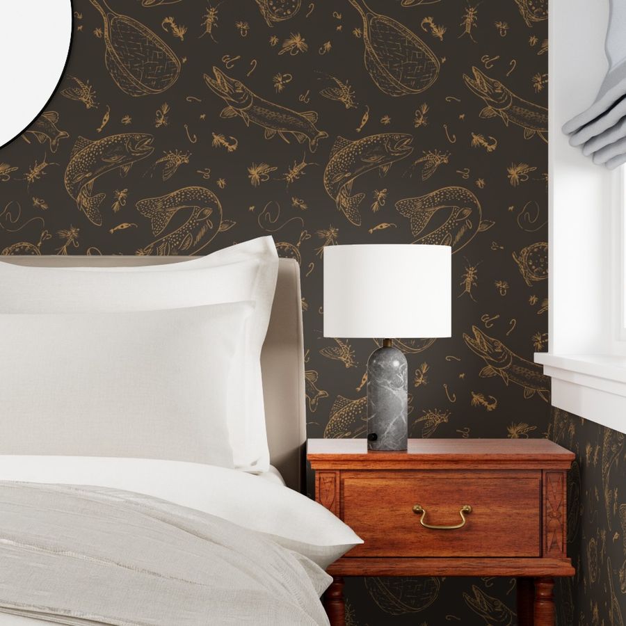 Tobacco Run fly fishing wallpaper styled in a bedroom interior — Pine + Feather Studio