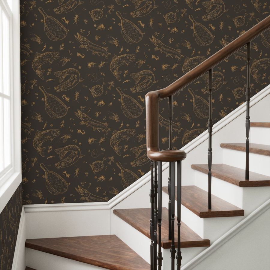 Tobacco Run fly fishing wallpaper styled in a entryway stairwell interior — Pine + Feather Studio