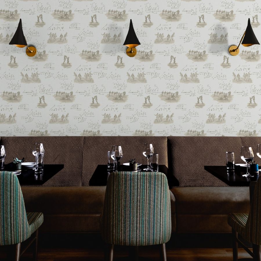 Vintage sepia playbook wallpaper in a restaurant with dark leather seating — commercial grade Type II wallpaper for hospitality spaces