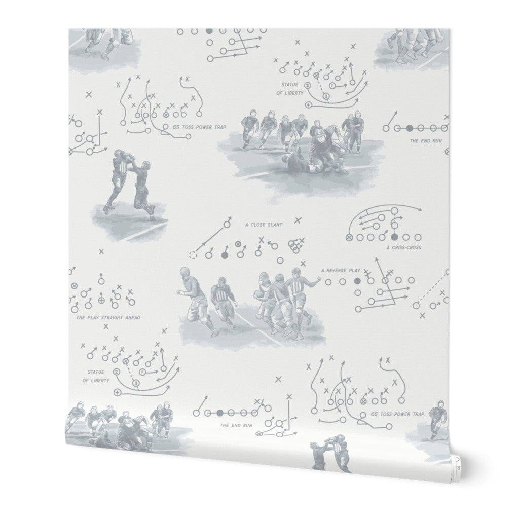 Rolled panel of vintage football wallpaper in pewter gray — 24 inch wide commercial grade wallpaper from Pine + Feather Studio