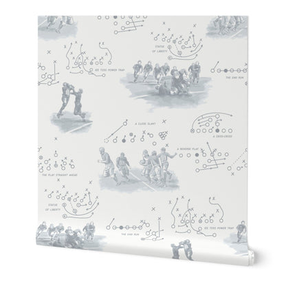 Rolled panel of vintage football wallpaper in pewter gray — 24 inch wide commercial grade wallpaper from Pine + Feather Studio