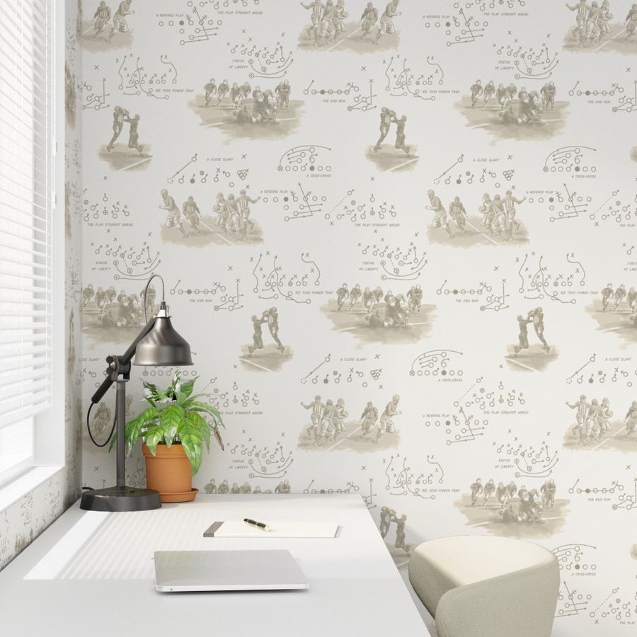 Antique football wallpaper in sepia in a home office study — vintage americana wallpaper for game rooms and man caves