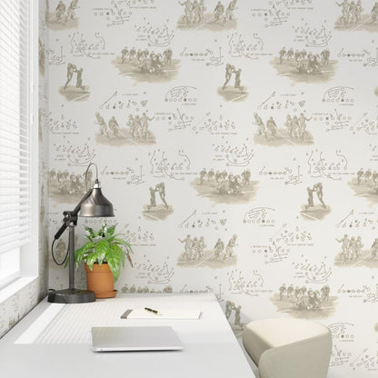 Antique football wallpaper in sepia in a home office study — vintage americana wallpaper for game rooms and man caves