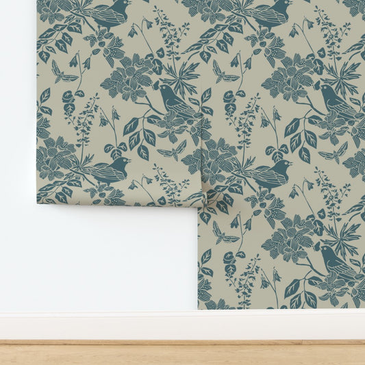 Western Birds and Flowers wallpaper in Alpine Teal — jewel tone wallpaper by Pine + Feather Studio