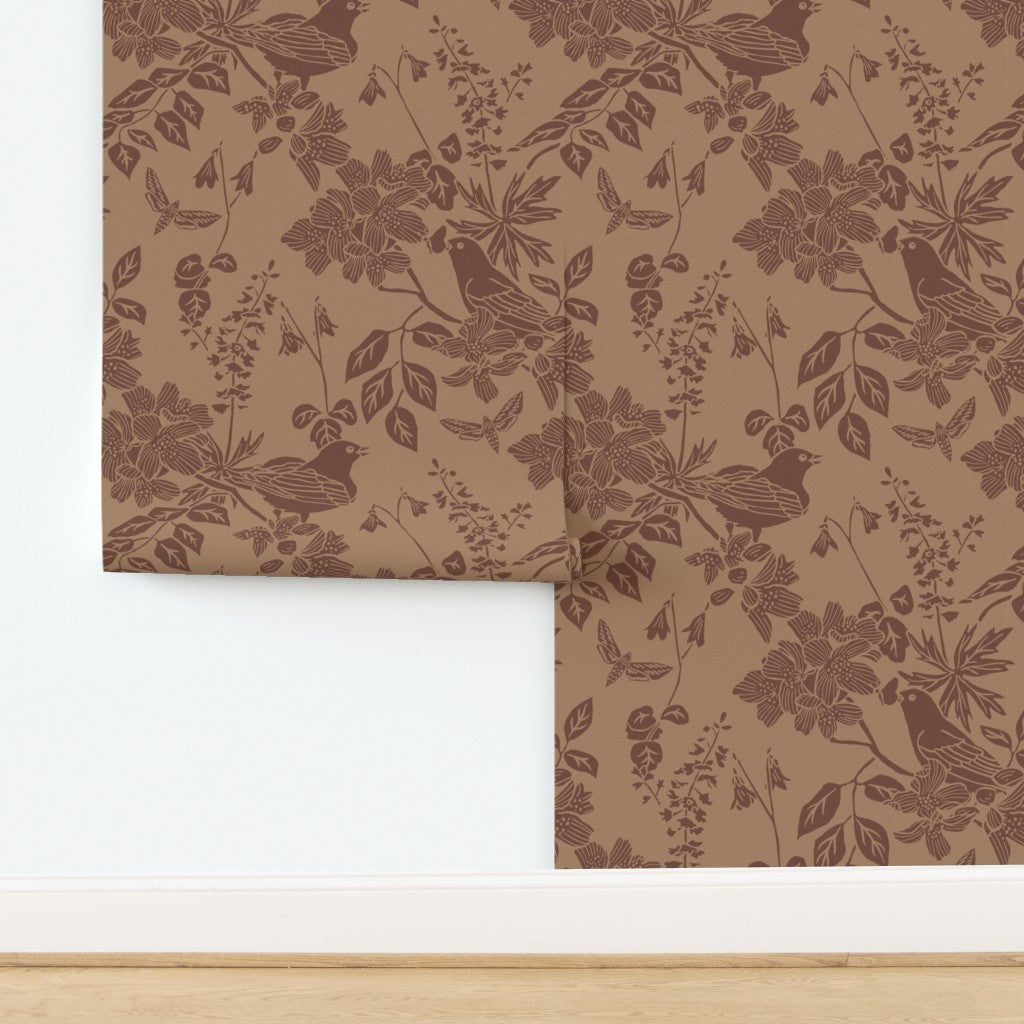 Western Birds and Flowers wallpaper in Buckskin — saddle brown wallpaper by Pine + Feather Studio