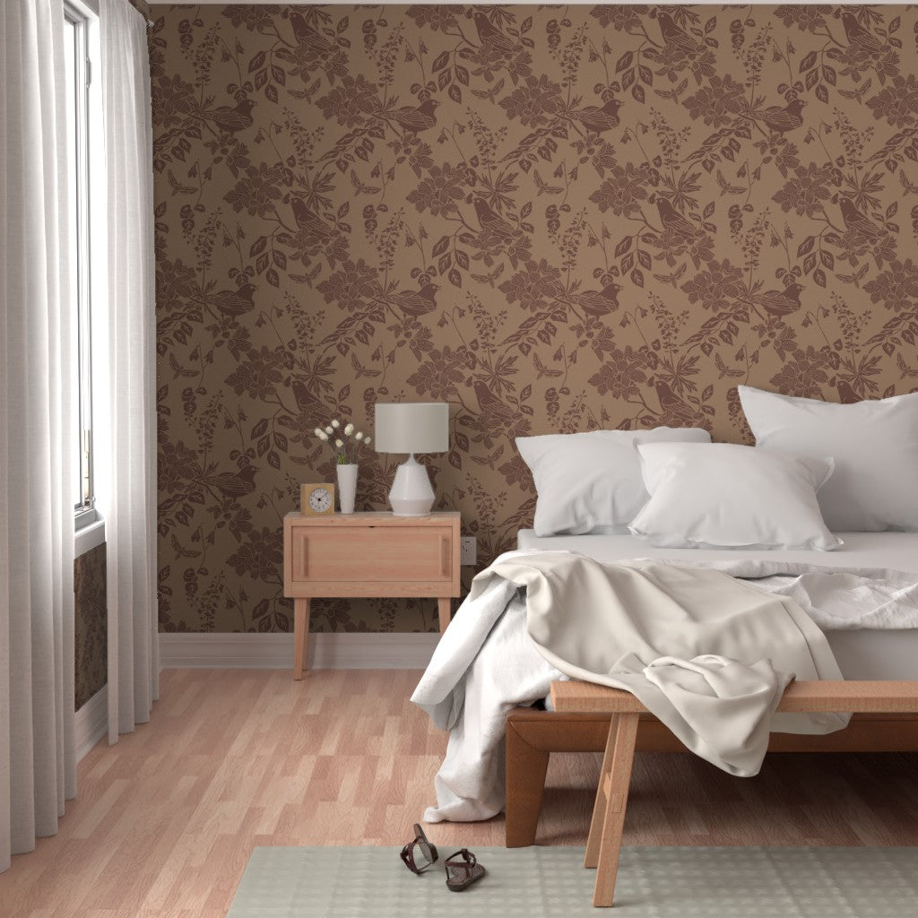 Western Birds and Flowers wallpaper in Buckskin styled in a bedroom interior — saddle brown wallpaper by Pine + Feather Studio