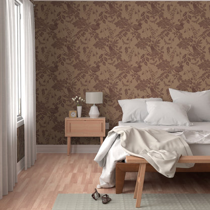 Western Birds and Flowers wallpaper in Buckskin styled in a bedroom interior — saddle brown wallpaper by Pine + Feather Studio