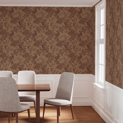 Western Birds and Flowers wallpaper in Buckskin styled in a dining room interior — saddle brown wallpaper by Pine + Feather Studio