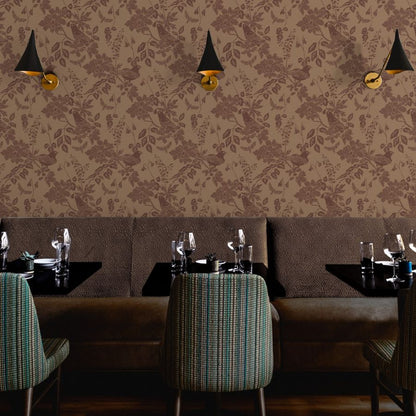 Western Birds and Flowers wallpaper in Buckskin styled in a restaurant hospitality interior — saddle brown wallpaper by Pine + Feather Studio